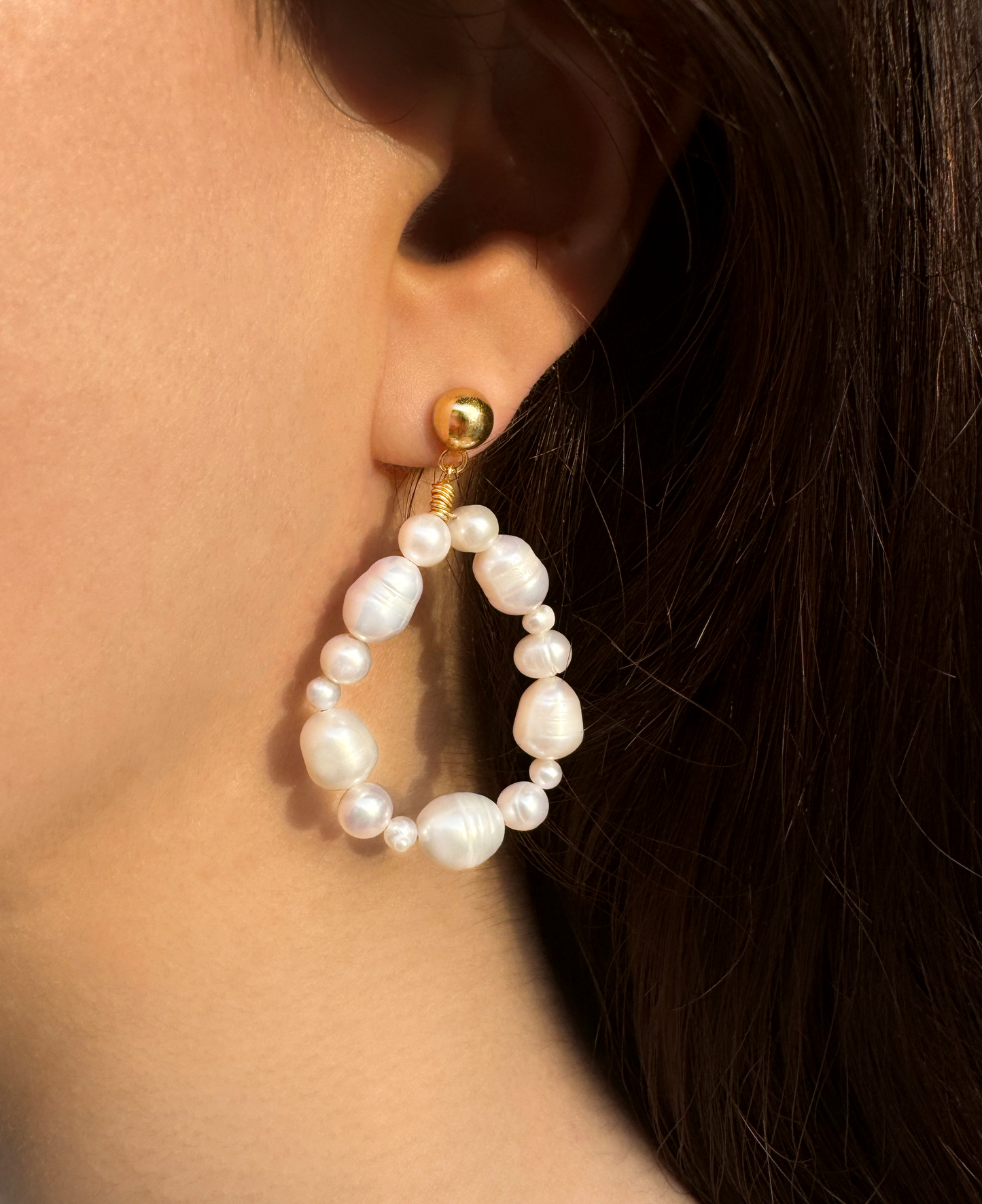 Margot Freshwater Pearl Organic Hoop Stud Earrings